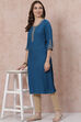 Petrol Blue LIVA Straight Kurta image number 5